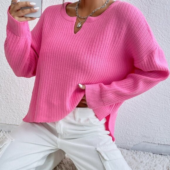 Pink Preppy Womens Notched Neck Drop Shoulder Split Hem Sweater - Picture 3 of 5